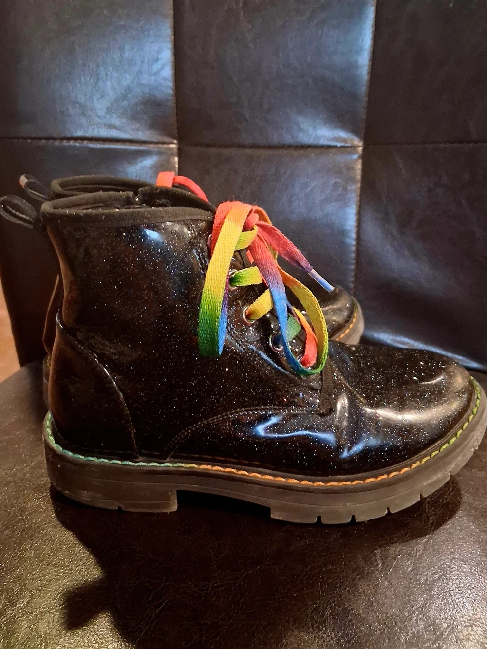 Kids Black Glitter Ankle Boots with Rainbow Laces